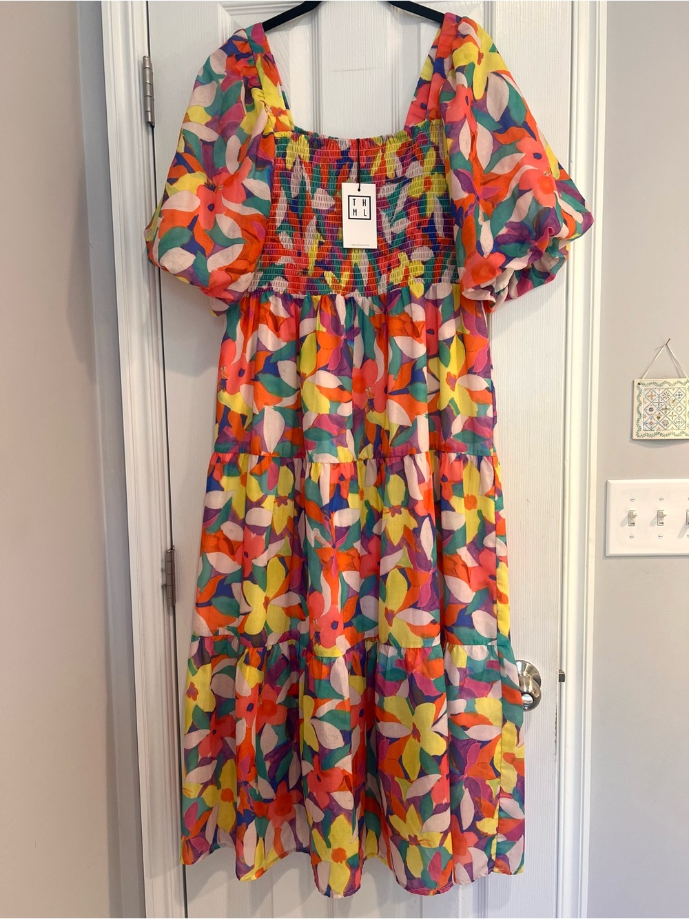 NWT THML Bright Floral Puff-Sleeve Dress Yellow Purple Teal Orange L Smocked